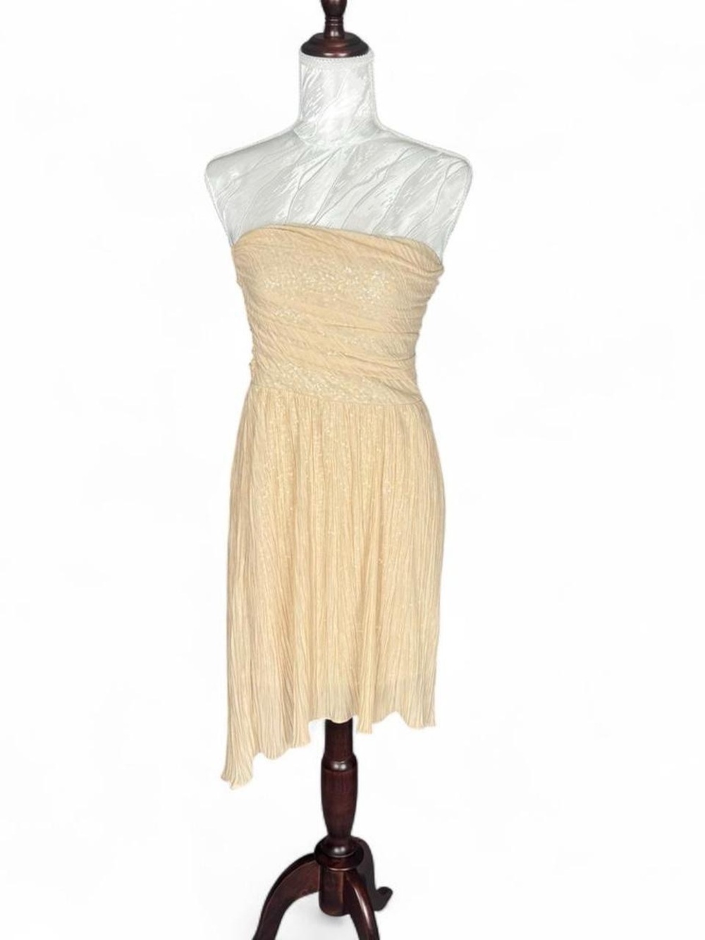 Express Strapless Champagne Pleated Dress Size 4 Metallic Shimmer Cocktail Party - Picture 2 of 6